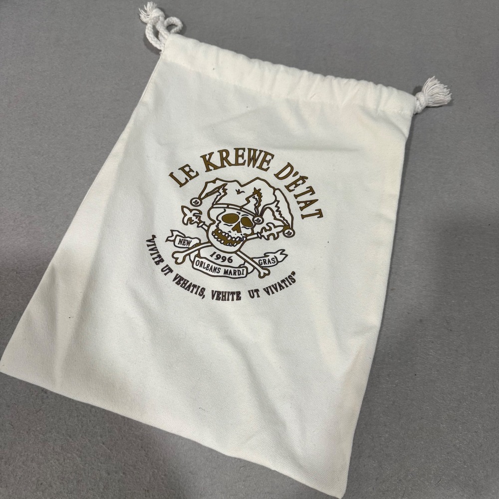 Le Krewe d'Etat Mardi Gras Drawstring Bag White Canvas Jester Skull New Orleans